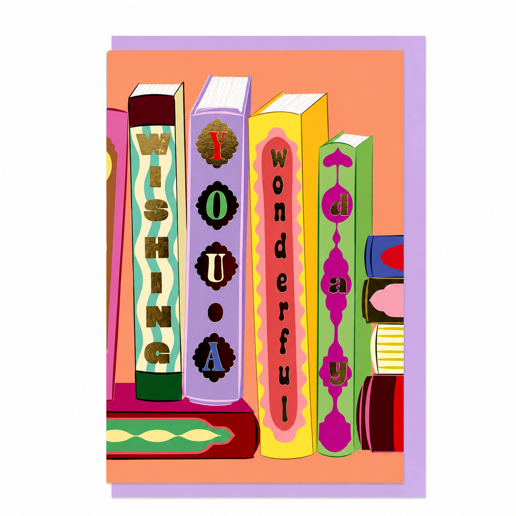 Library Collection 13 greeting card featuring illustrated books spelling "Wishing You a Wonderful Day", shown with a lavender envelope.

