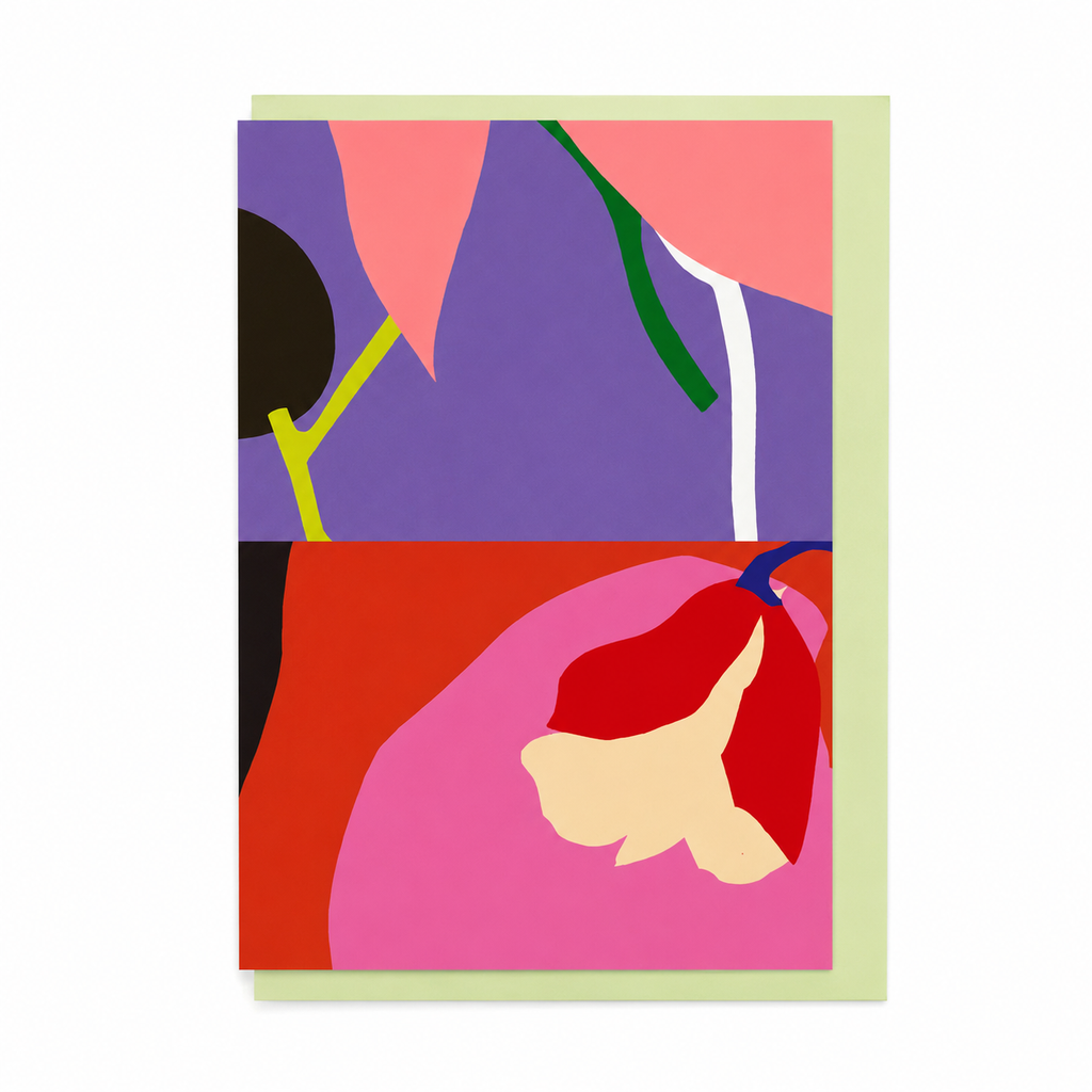 Diptych No. 5 card featuring a colourful abstract botanical design, shown with a pale green envelope.