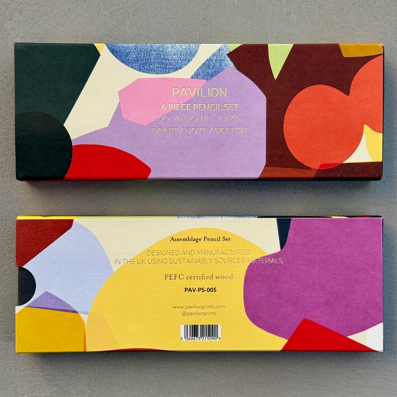 Front and back view of Assemblage Pencil Set abstract patterned presentation box