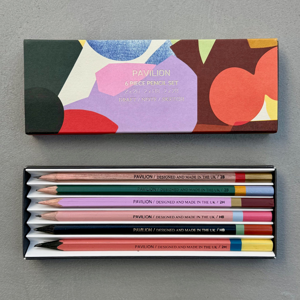Assemblage Pencil Set with six graphite pencils and colourful abstract patterned presentation box