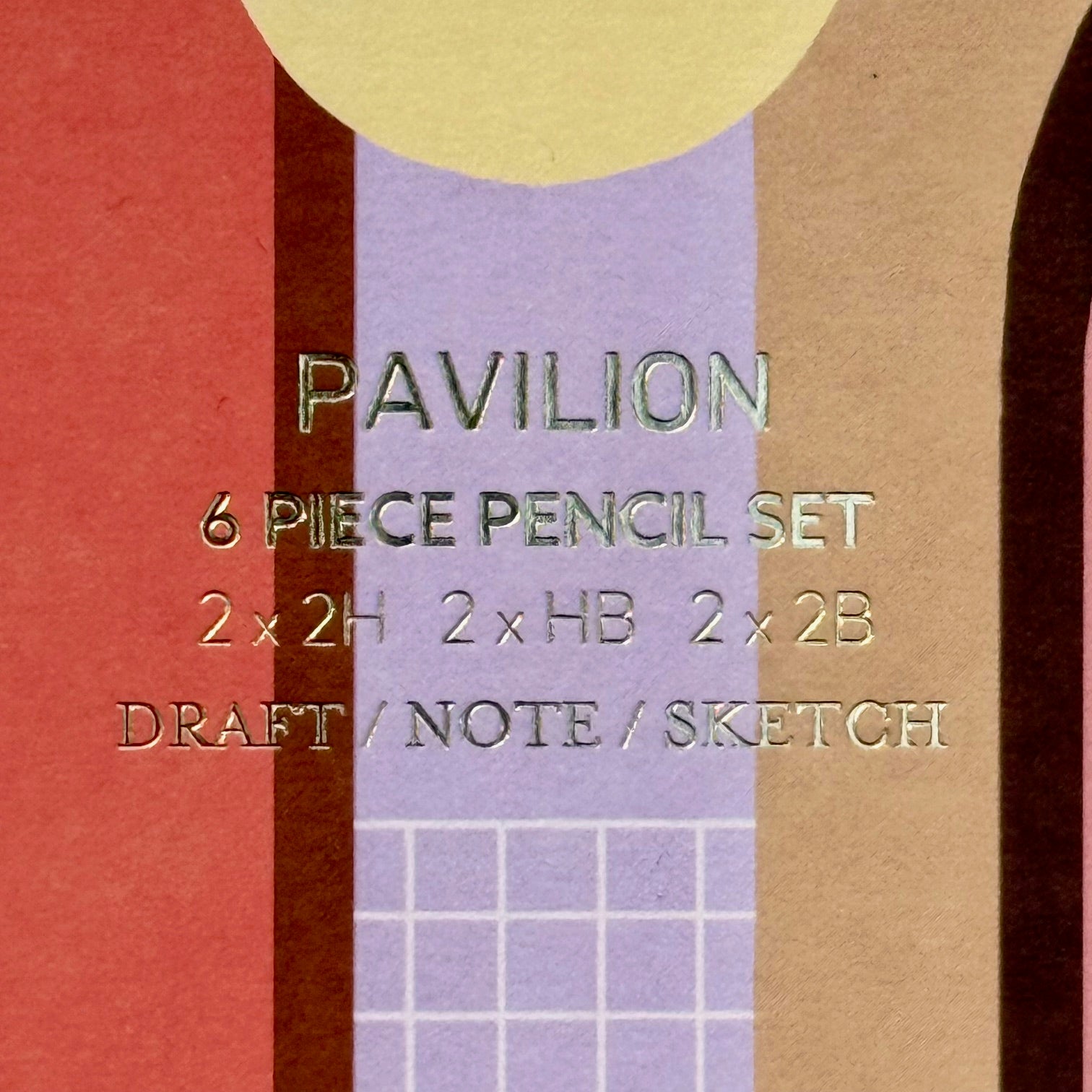 Close-up of gold foil lettering on the Casa six piece graphite pencil set box