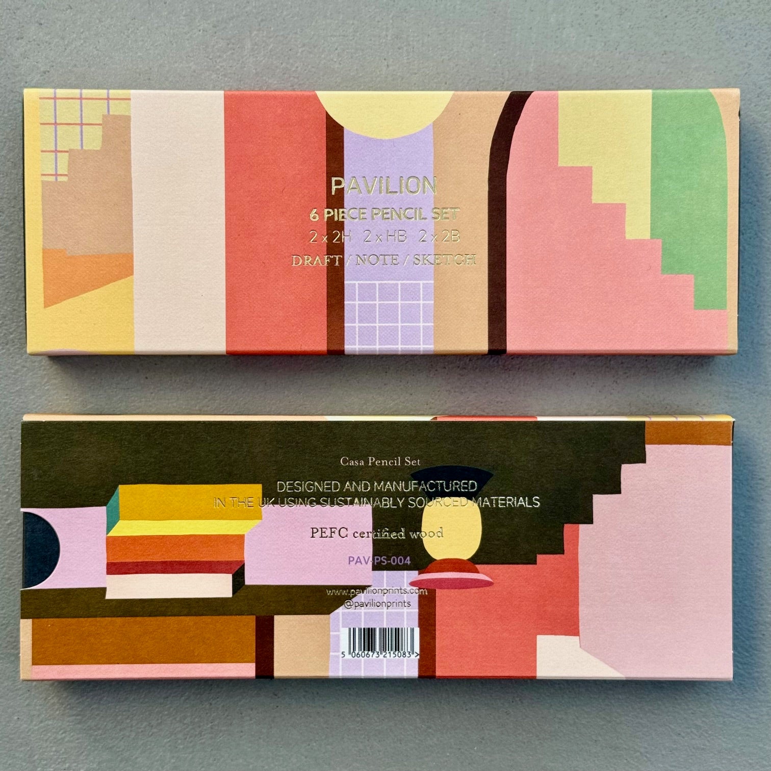 Front and back view of Casa Pencil Set geometric patterned presentation box