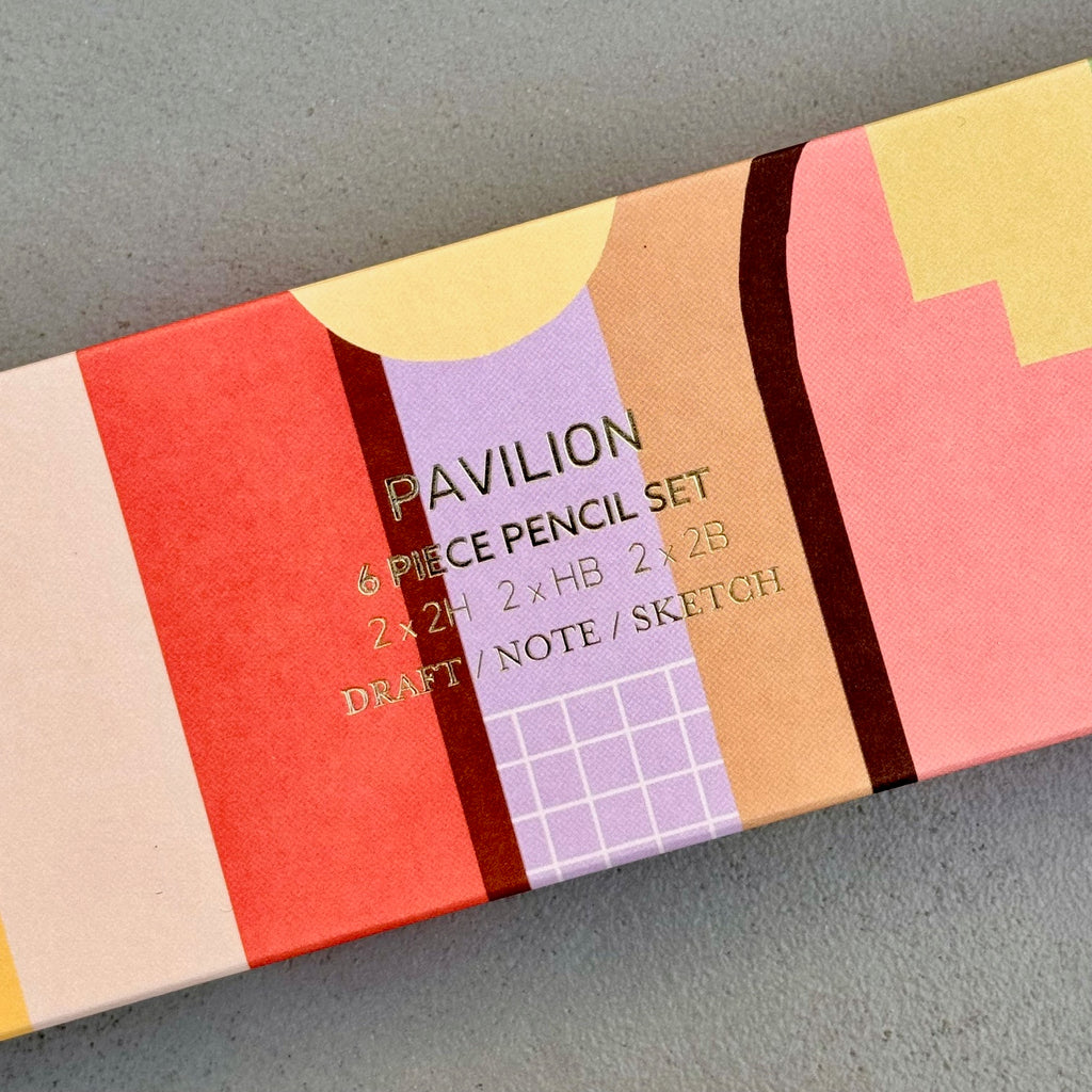 Close-up of Casa Pencil Set geometric box design with gold foil lettering