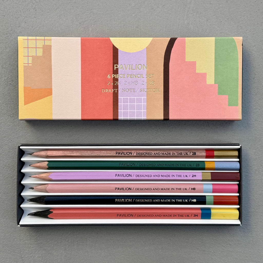 Casa Pencil Set with six graphite pencils and geometric patterned presentation box