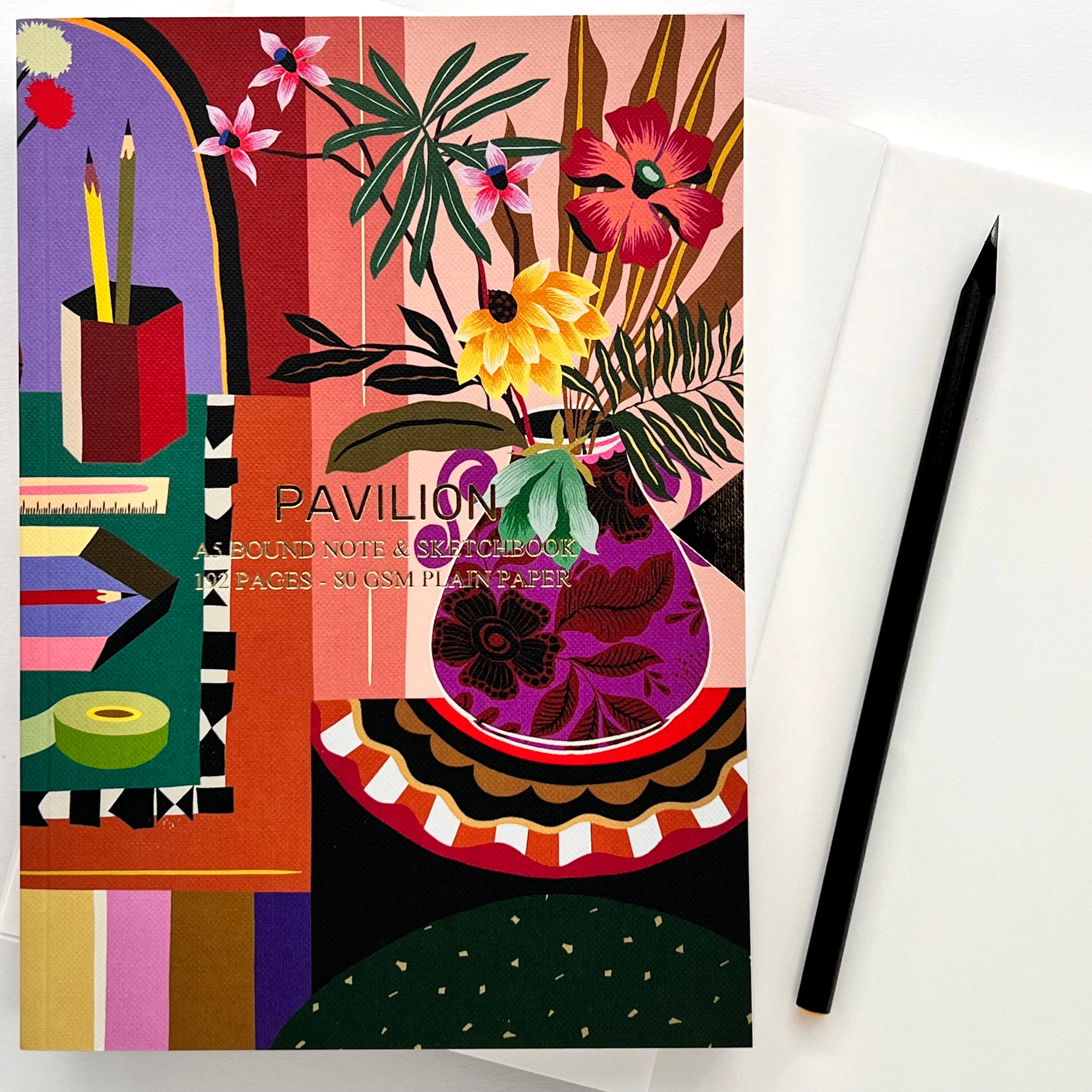 Contemporary A5 notebook featuring a colourful illustrated still-life design with gold foil details.