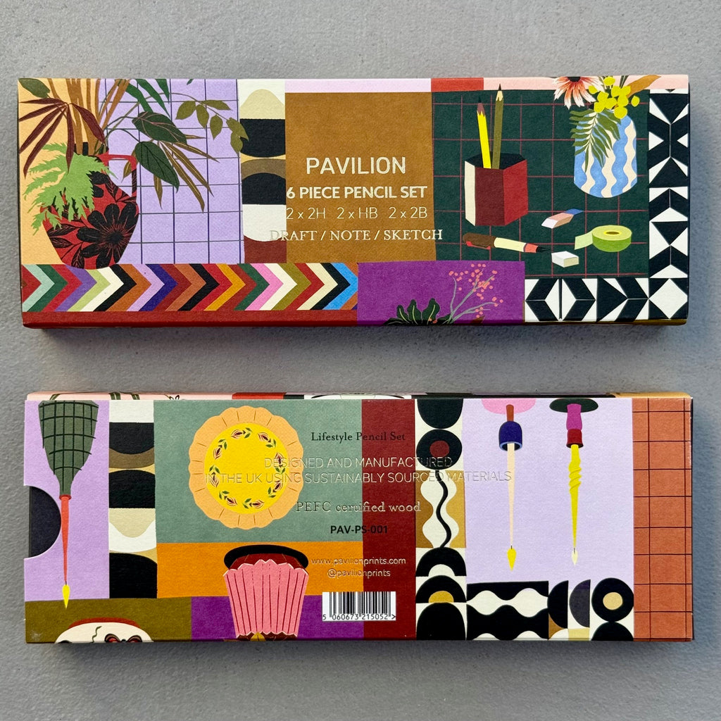 Front and back view of Lifestyle Pencil Set illustrated presentation box