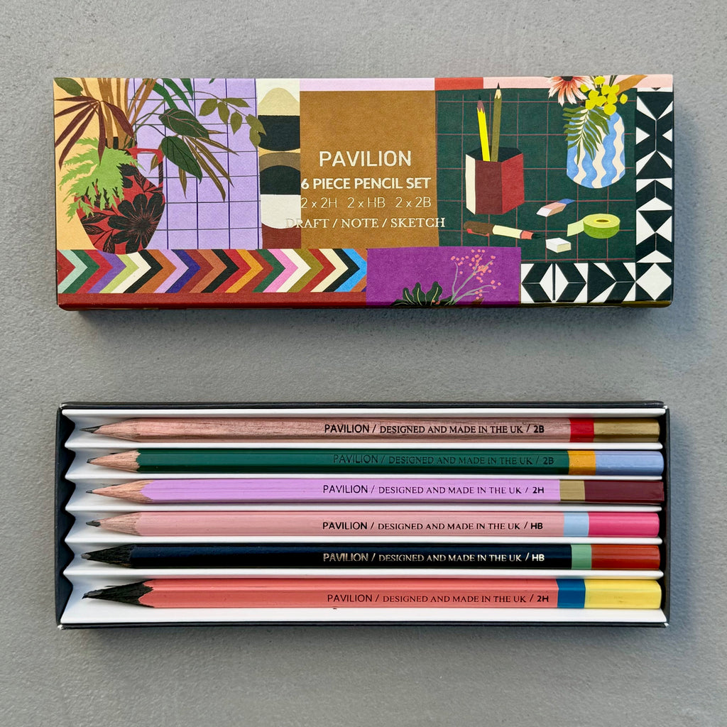 Lifestyle Pencil Set with six graphite pencils and colourful illustrated presentation box