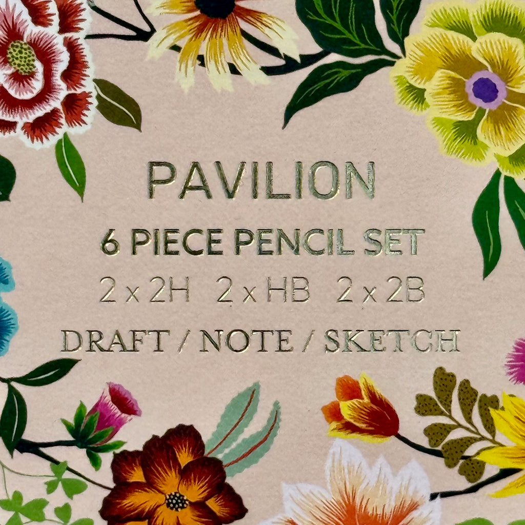 Close-up of gold foil lettering and floral design on the Painted Garden pencil set box