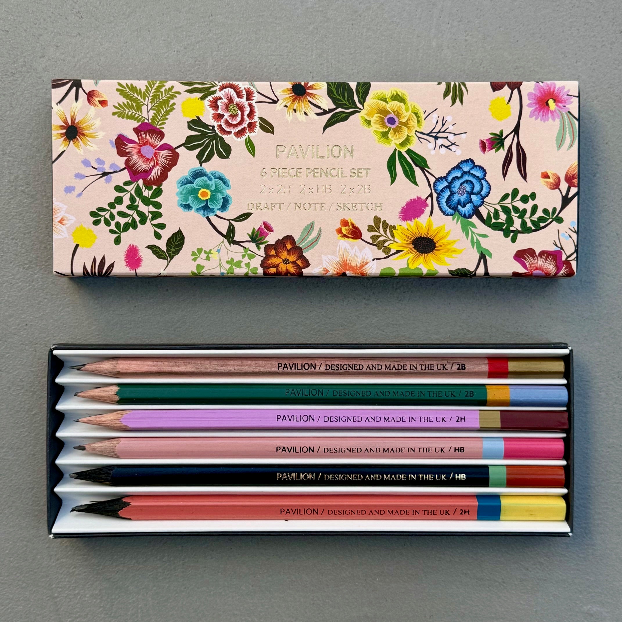 Painted Garden pencil set with floral presentation box partially open