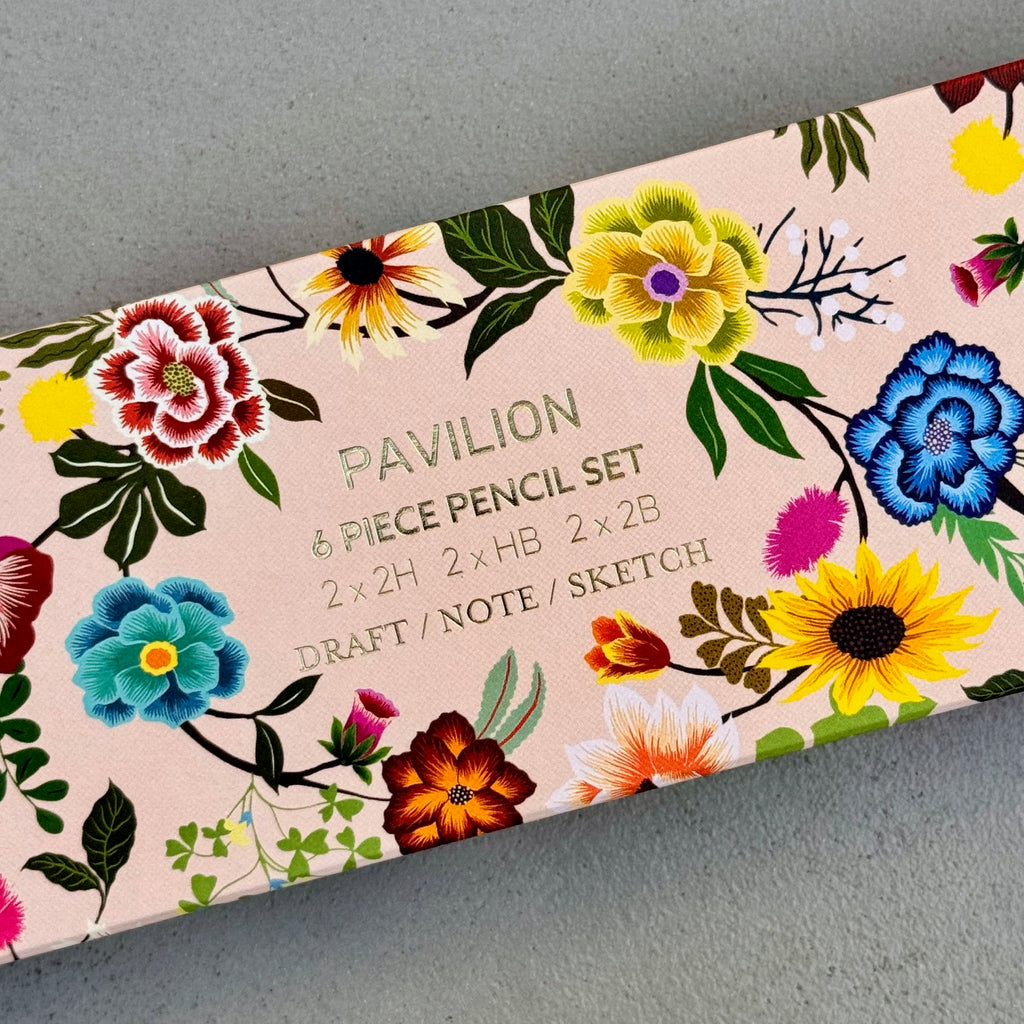 Gold foil detail on the floral Painted Garden six piece pencil set box