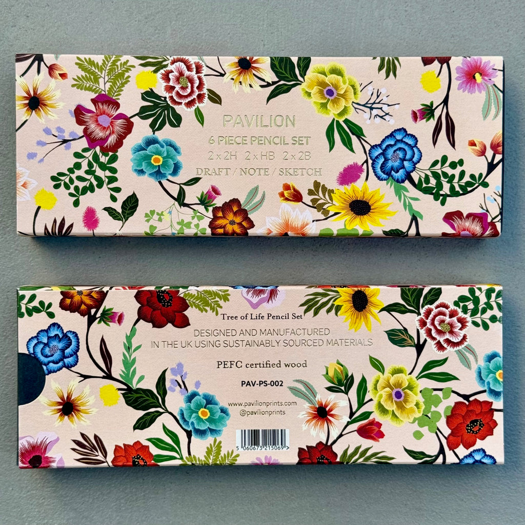 Front and back of the Painted Garden floral pencil set presentation box