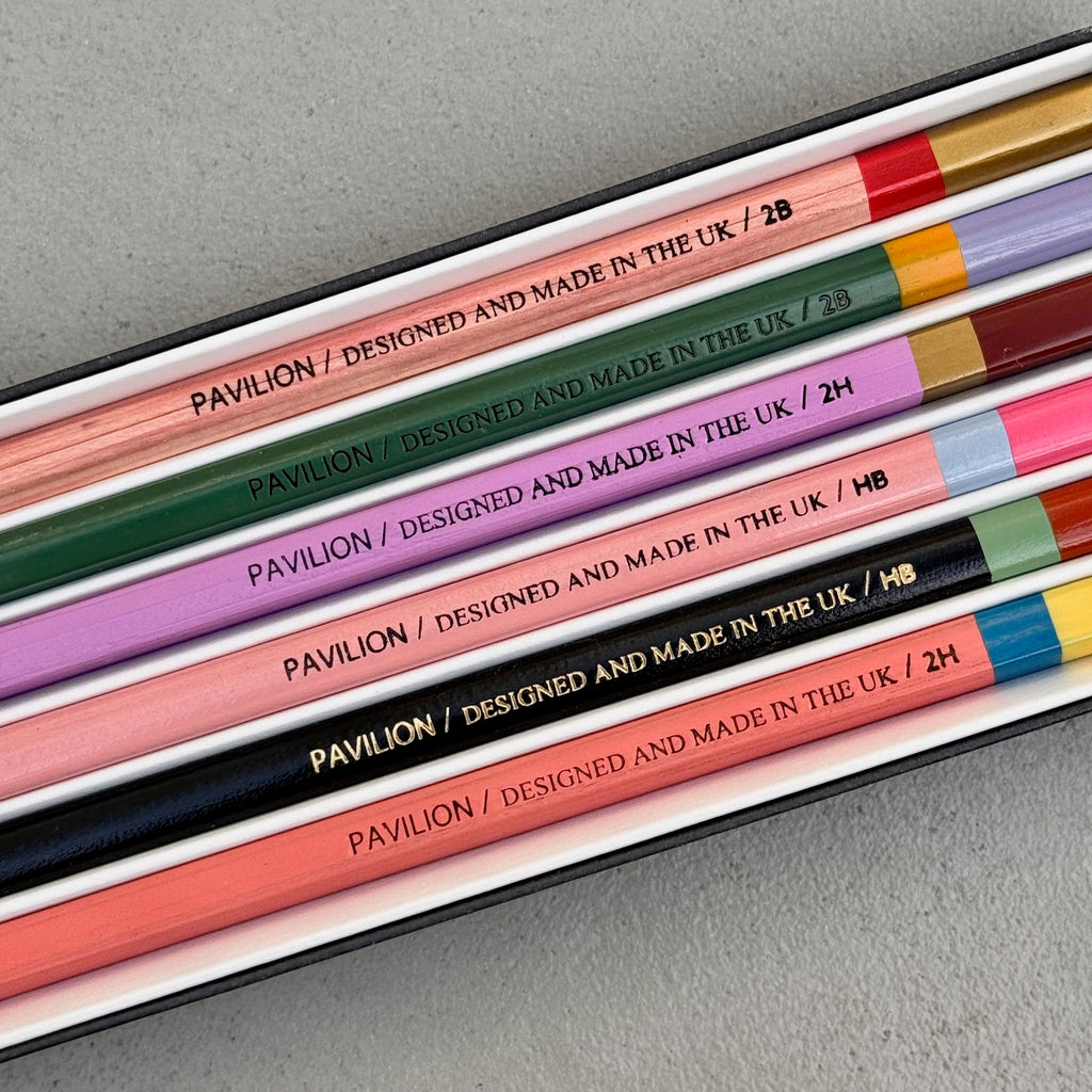 Close-up of six colourful graphite pencils in the Painted Garden pencil set