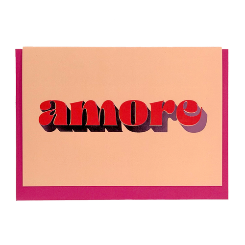 Peach Amore card with red lettering and metallic purple foil detail, shown with a magenta envelope.