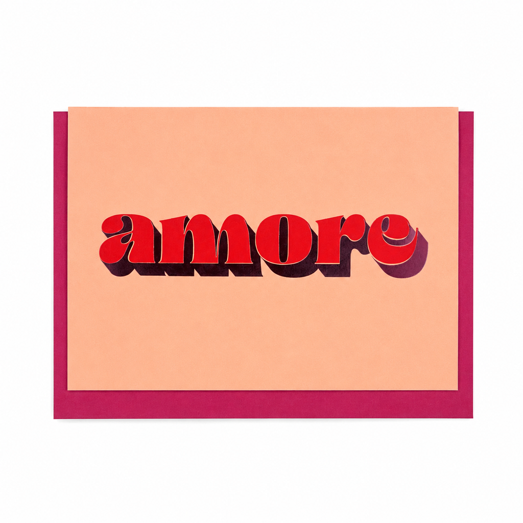 Peach Amore card with red lettering and metallic purple foil detail, shown with a magenta envelope.