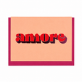Peach Amore card with red lettering and metallic purple foil detail, shown with a magenta envelope.