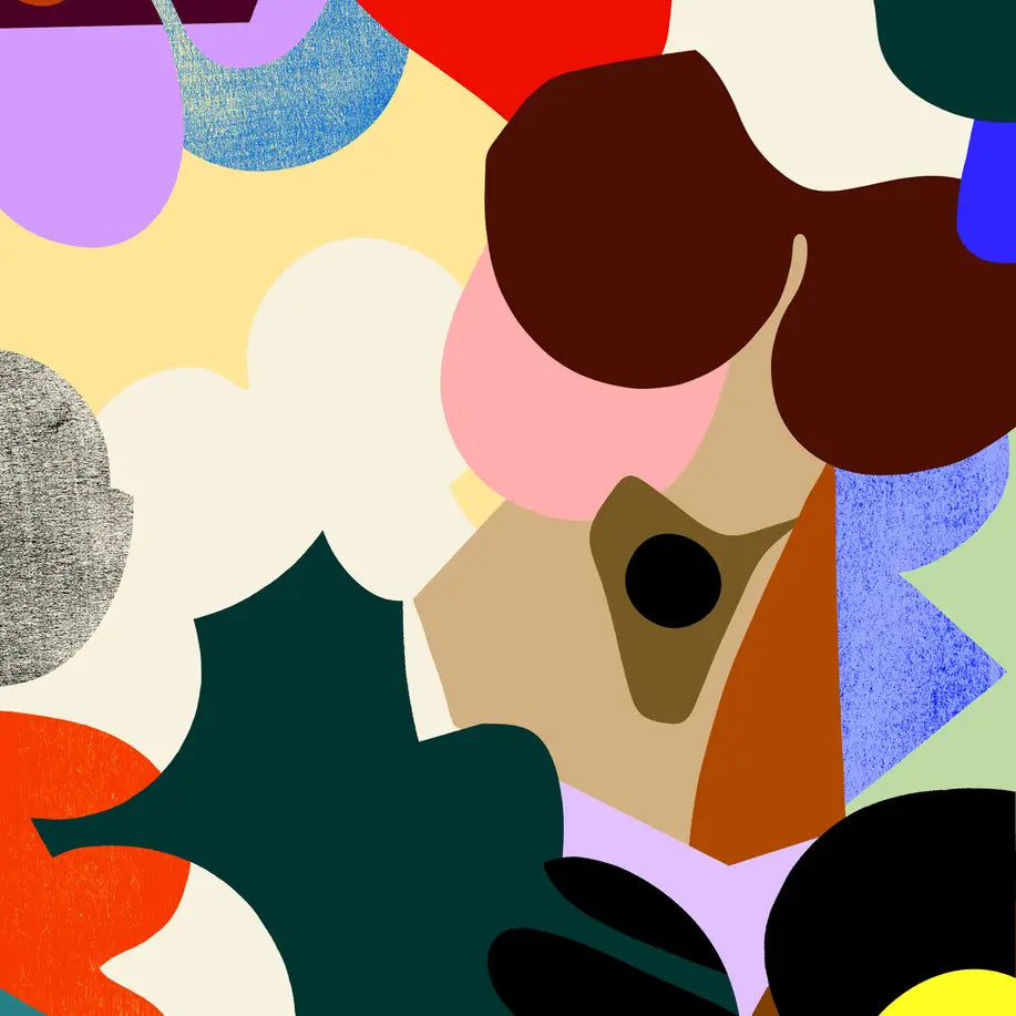 Assemblage gift wrap featuring a colourful abstract geometric pattern