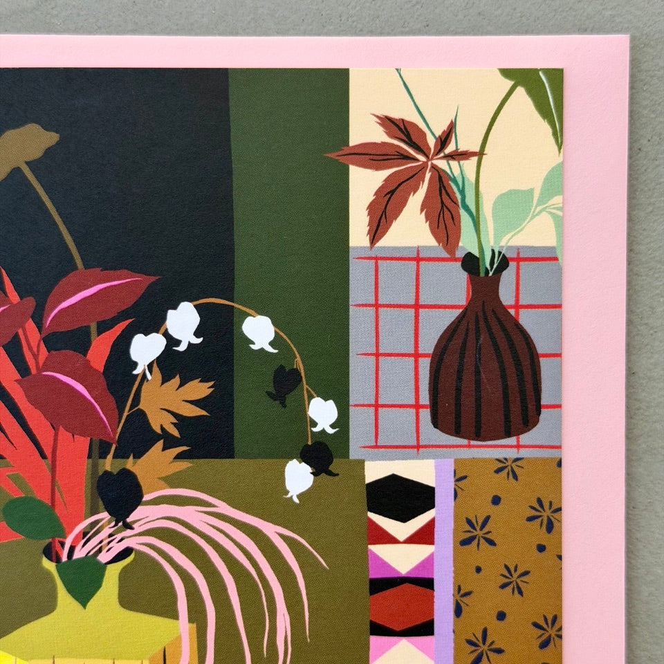 Close-up of the illustrated vases, foliage and patterned interior details on the Botanical Interior greeting card.