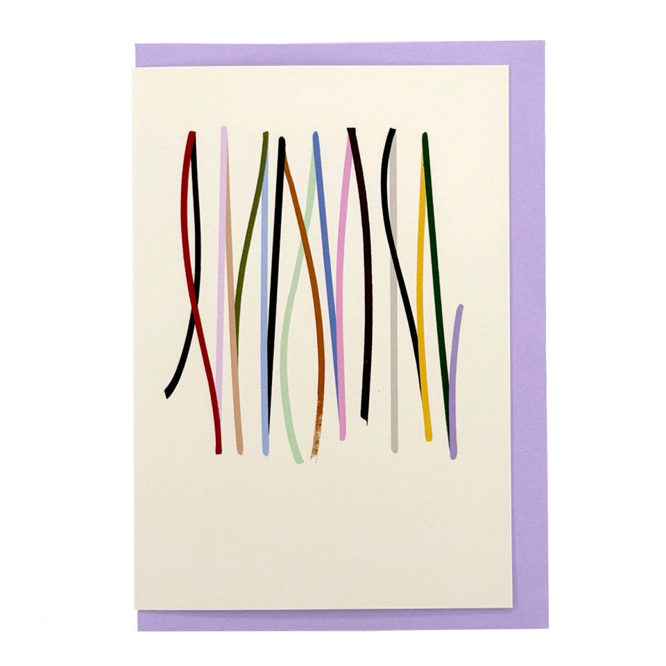 Off-white Cadence card with multicoloured vertical lines, shown with a lilac envelope.