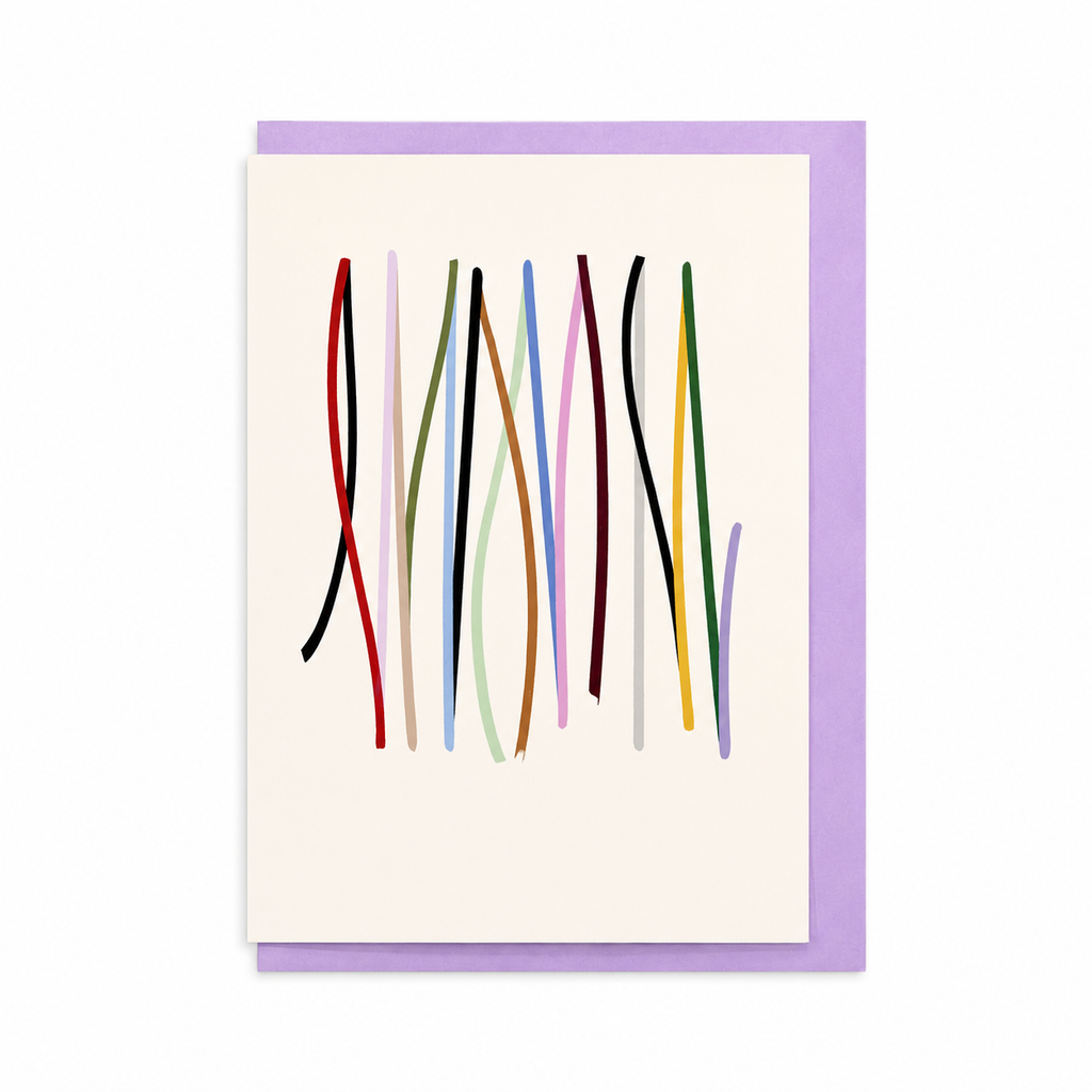 Off-white Cadence card with multicoloured vertical lines, shown with a lilac envelope.