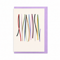 Off-white Cadence card with multicoloured vertical lines, shown with a lilac envelope.