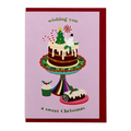 Cake Christmas card by PAVILION with festive cake, snowman, candy canes and red envelope