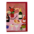 Christmas Cheers card by PAVILION with illustrated bottles, cocktails, flowers and festive table details with red envelope
