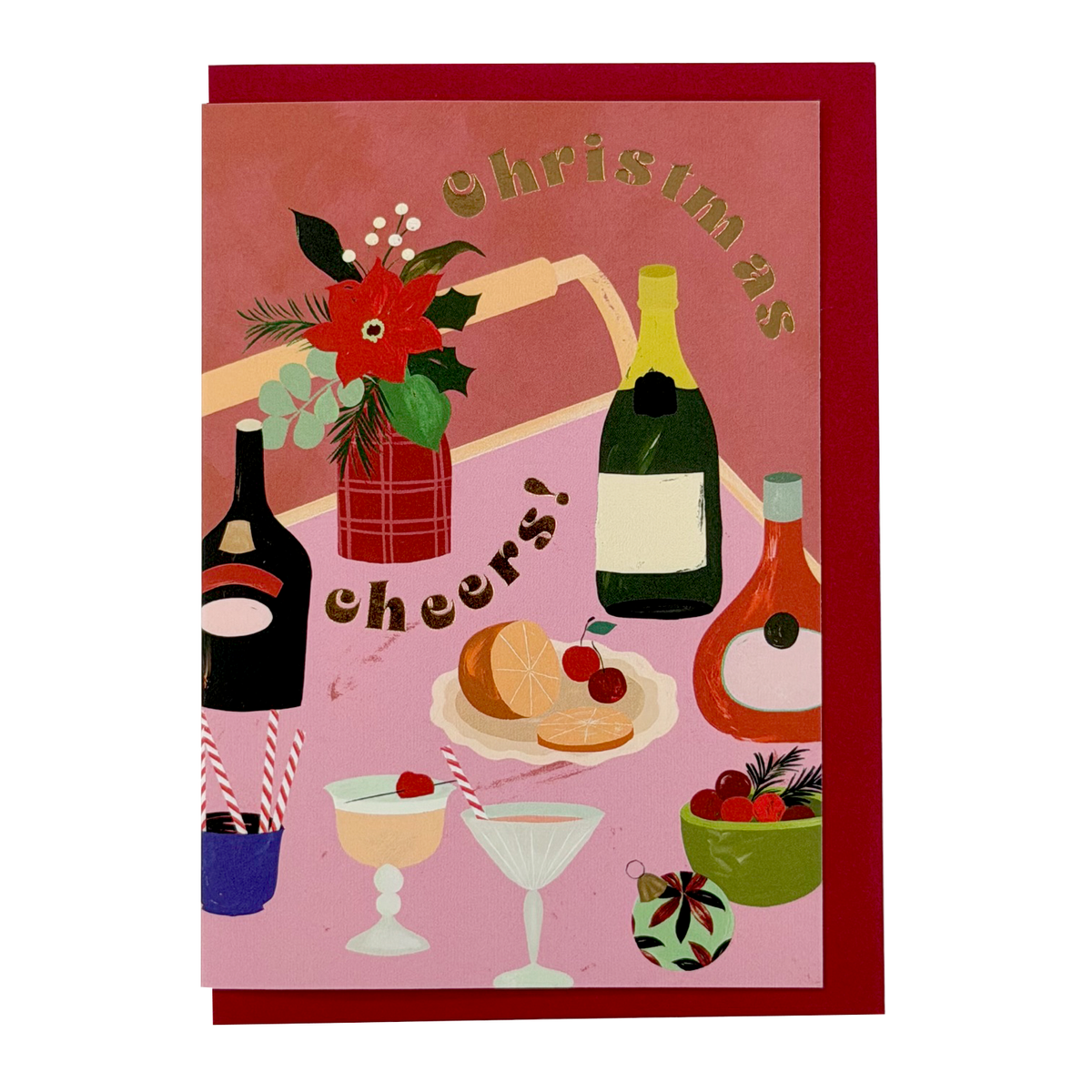 Christmas Cheers card by PAVILION with illustrated bottles, cocktails, flowers and festive table details with red envelope

