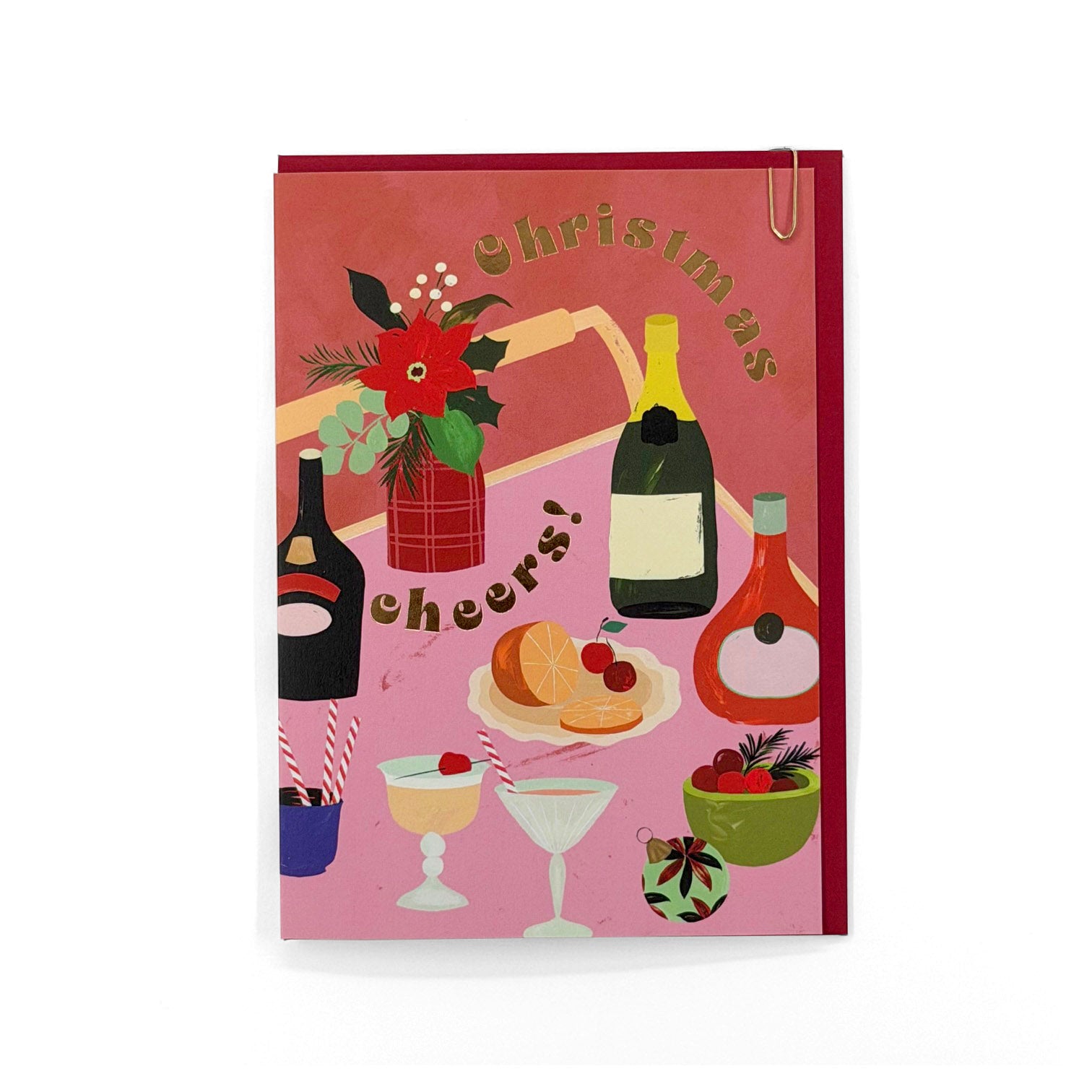 Christmas Cheers greeting card featuring festive drinks, flowers and gold foil lettering