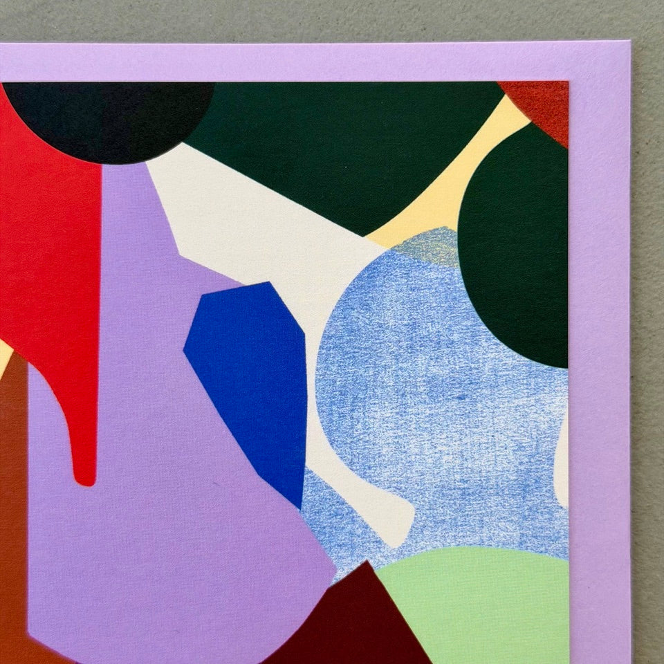 Close-up of the layered abstract shapes and rich colour palette on the Composition No.1 greeting card.