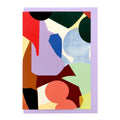 Abstract geometric greeting card featuring layered organic shapes in lilac, coral, burgundy, blue, green and black, paired with a lilac envelope.