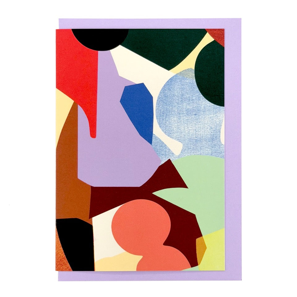 Abstract geometric greeting card featuring layered organic shapes in lilac, coral, burgundy, blue, green and black, paired with a lilac envelope.
