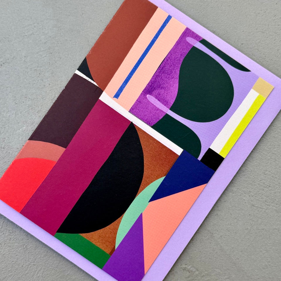 Angled view of the Composition No.3 abstract geometric greeting card with a lilac envelope.
