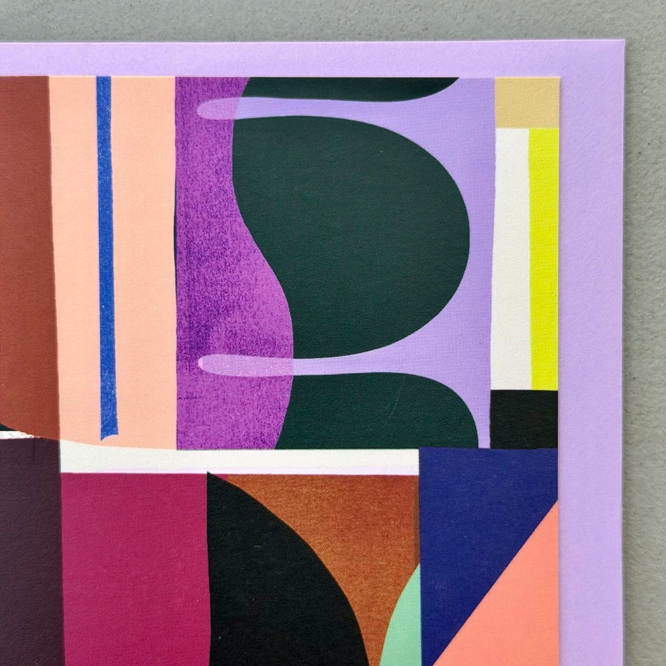Close-up of the geometric shapes and layered colour palette on the Composition No.3 greeting card.