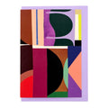 Abstract geometric greeting card featuring layered blocks and curved shapes in plum, burgundy, peach, green and navy, paired with a lilac envelope.
