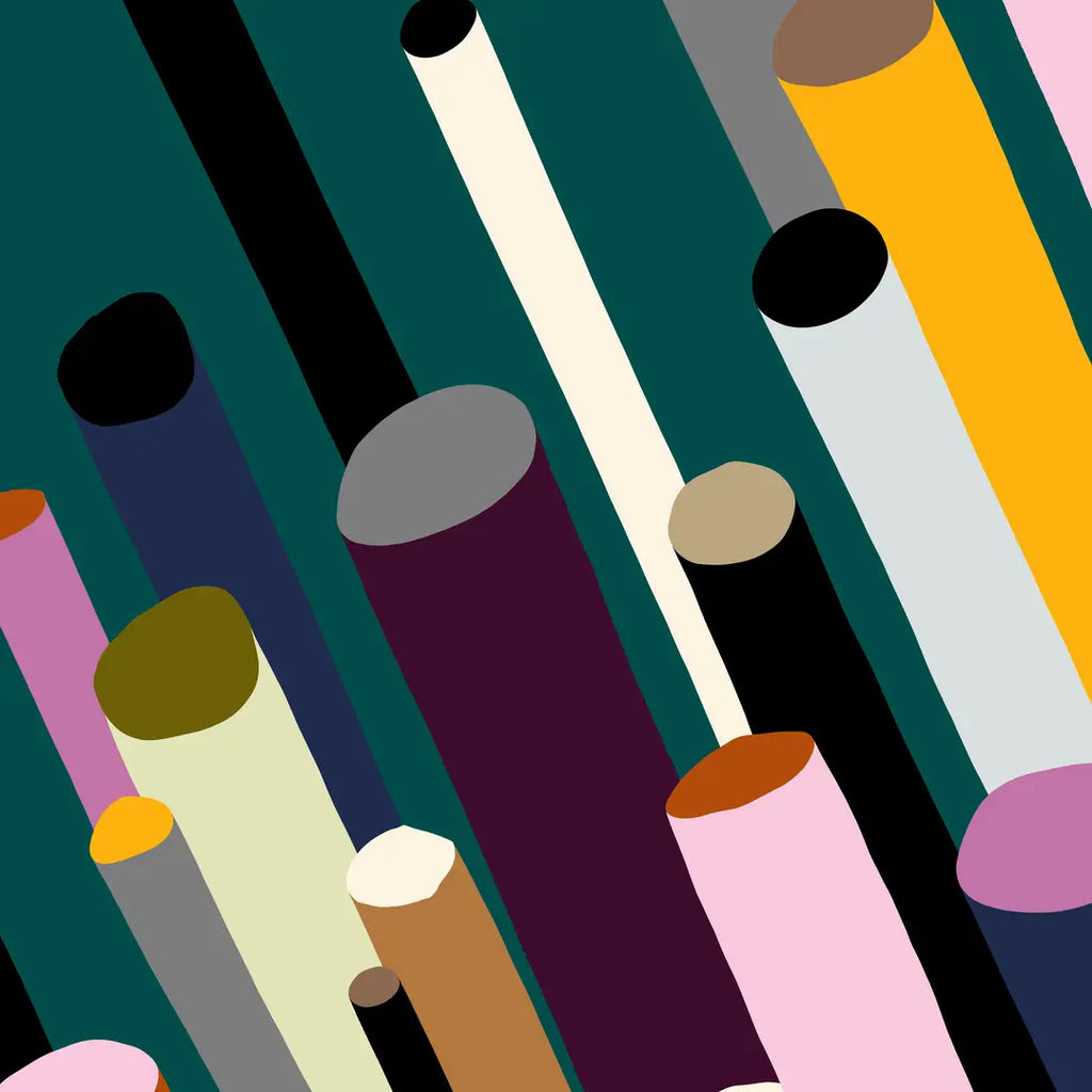 Cylinder wrapping paper design featuring bold abstract cylindrical forms in rich multicoloured tones