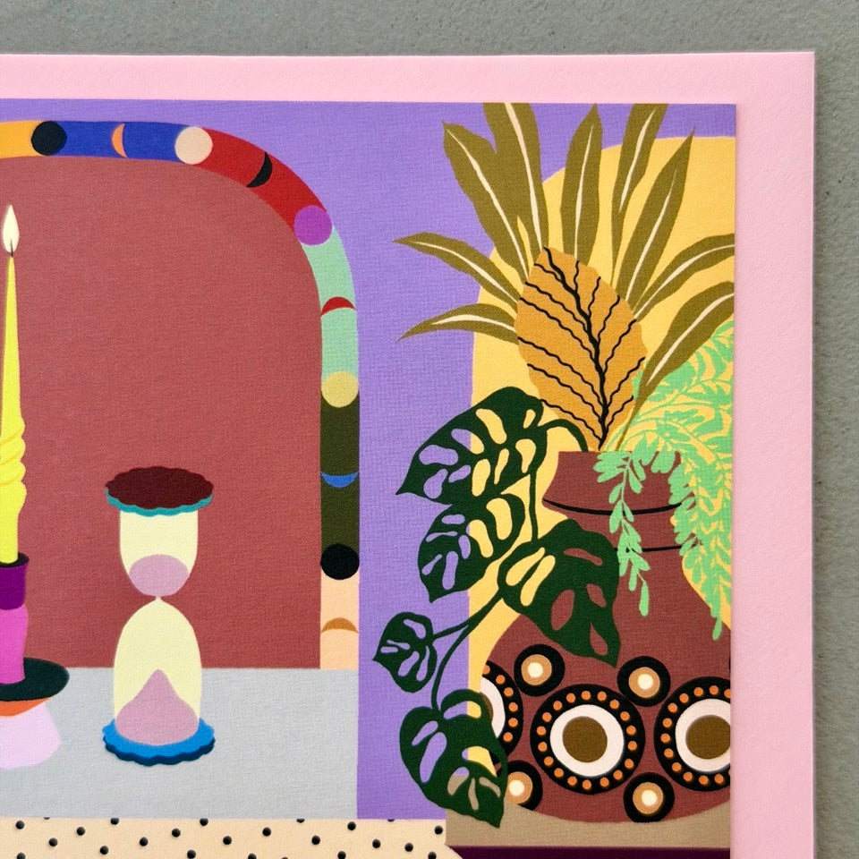 Close-up of the illustrated houseplants and decorative planter on the Decorative Interior greeting card.
