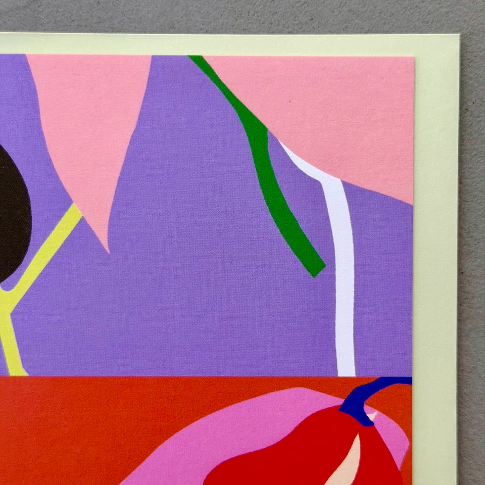 Close-up of the colourful abstract botanical design on the Diptych No. 5 card.
