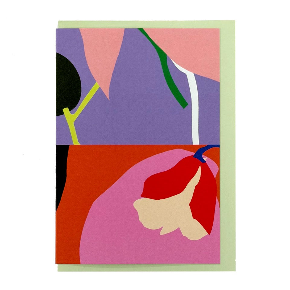 Diptych No. 5 card featuring a colourful abstract botanical design, shown with a pale green envelope.