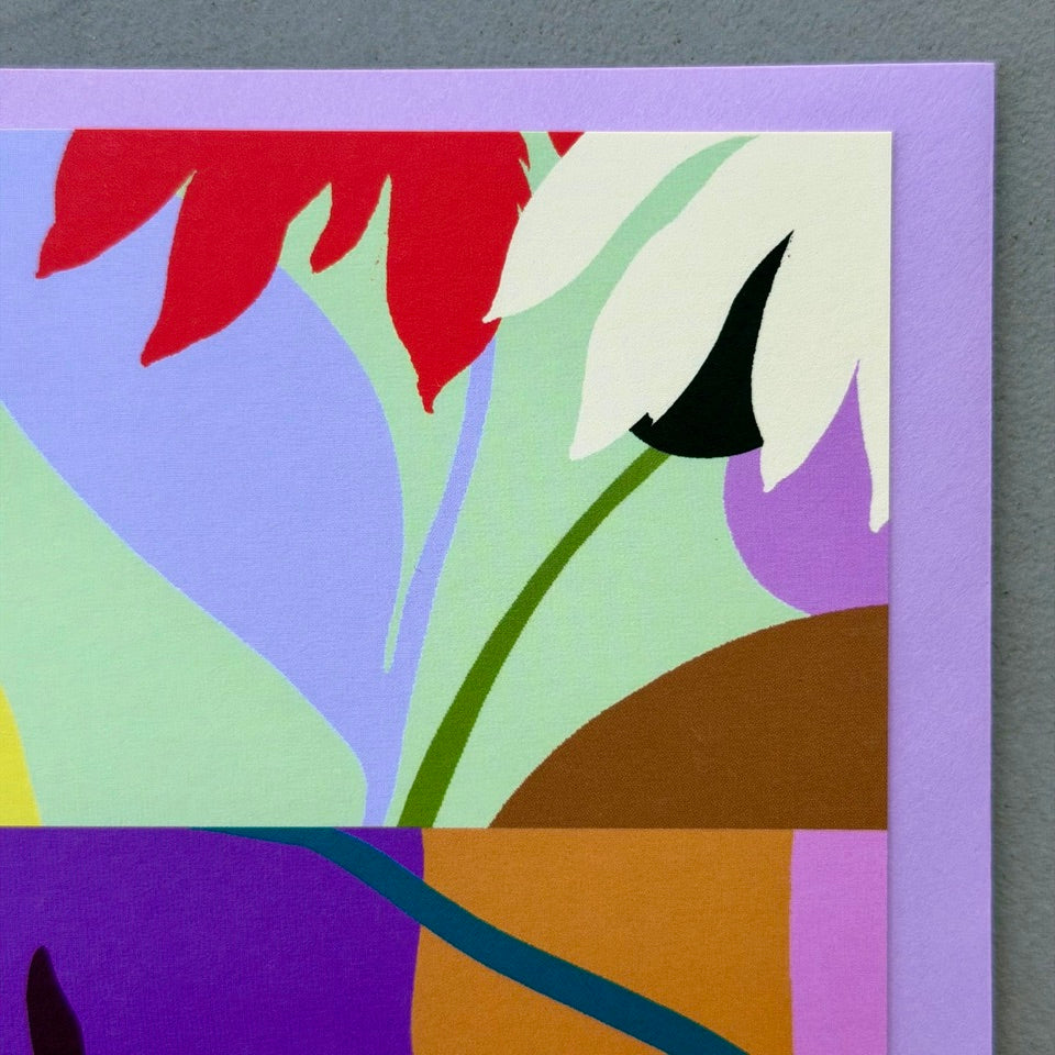 Close-up of the colourful abstract botanical design on the Diptych No. 6 card.
