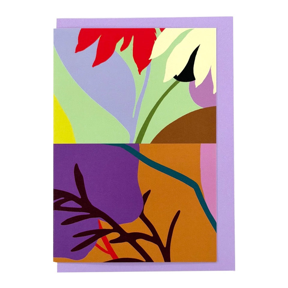Diptych No. 6 card featuring a colourful abstract botanical design, shown with a lavender envelope.