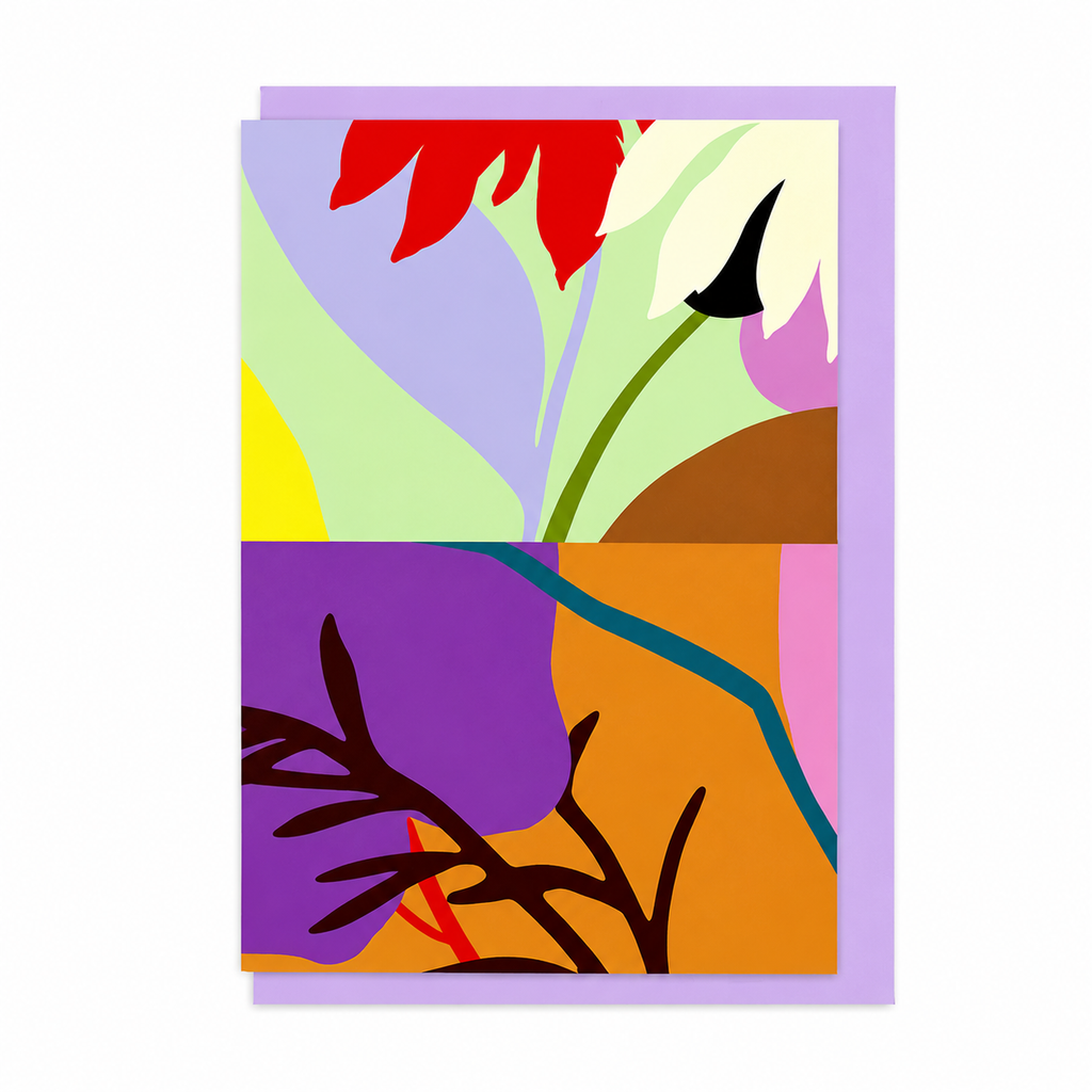 Diptych No. 6 card featuring a colourful abstract botanical design, shown with a lavender envelope.