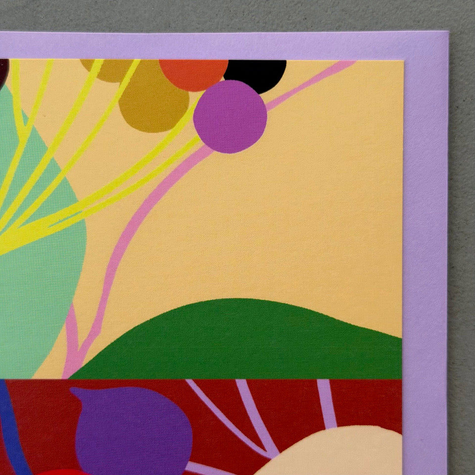 Close-up of the colourful abstract botanical design on the Diptych No. 7 card.