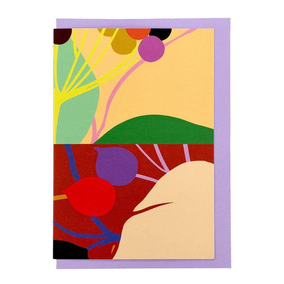 Diptych No. 7 card with a colourful abstract botanical design, shown with a lilac envelope.