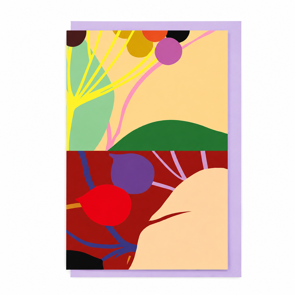 Diptych No. 7 card with a colourful abstract botanical design, shown with a lilac envelope.
