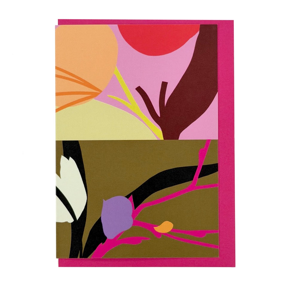 Diptych No. 8 card featuring a colourful abstract botanical design, shown with a bright pink envelope.
