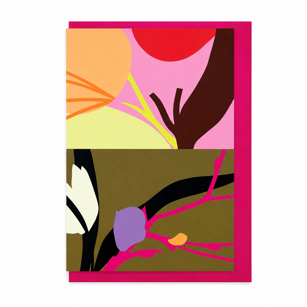 Diptych No. 8 card featuring a colourful abstract botanical design, shown with a bright pink envelope.

