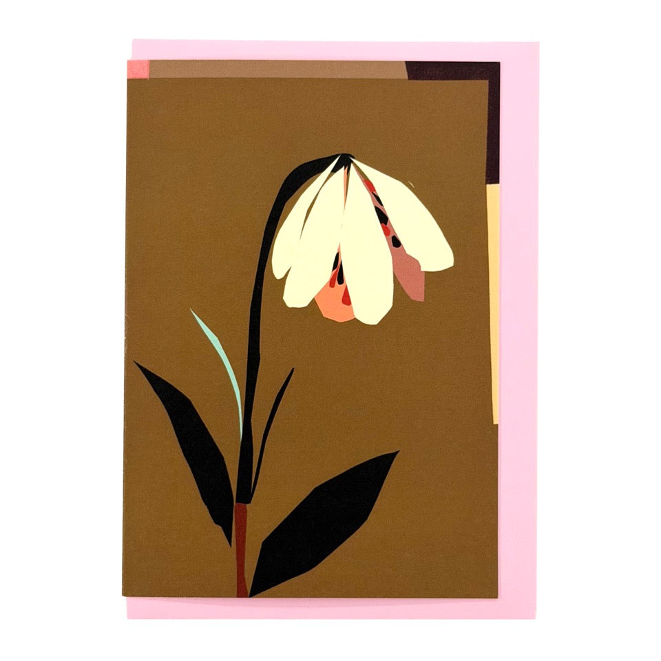 Greeting card featuring an illustrated drooping bloom on a warm brown background with a pink envelope.
