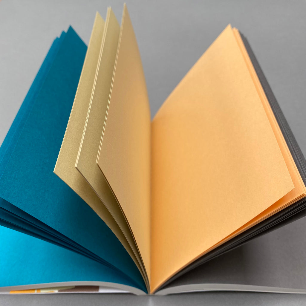 Etch Notebook open showing blue, yellow and orange coloured Go-To pages