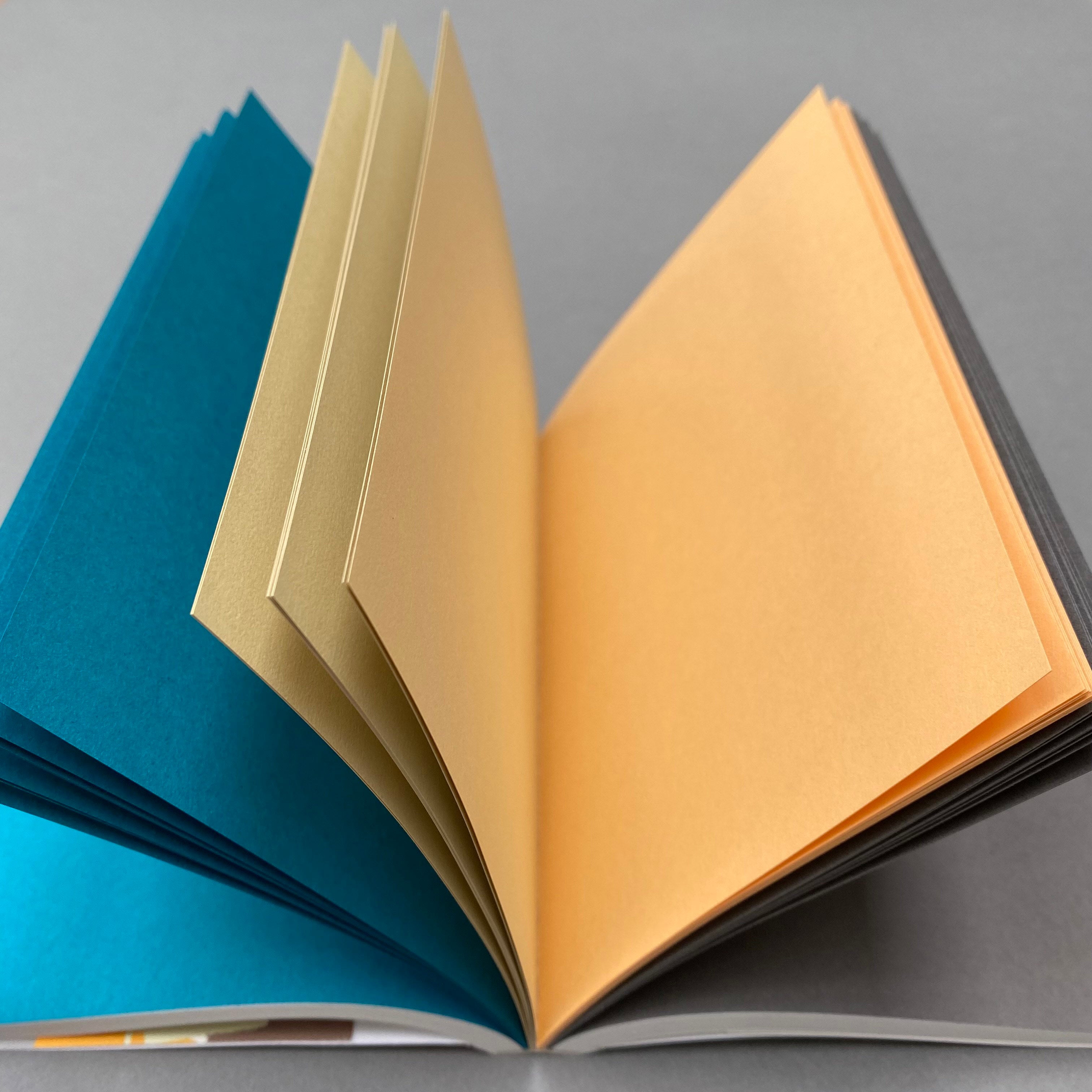 Etch Notebook open showing blue, yellow and orange coloured Go-To pages