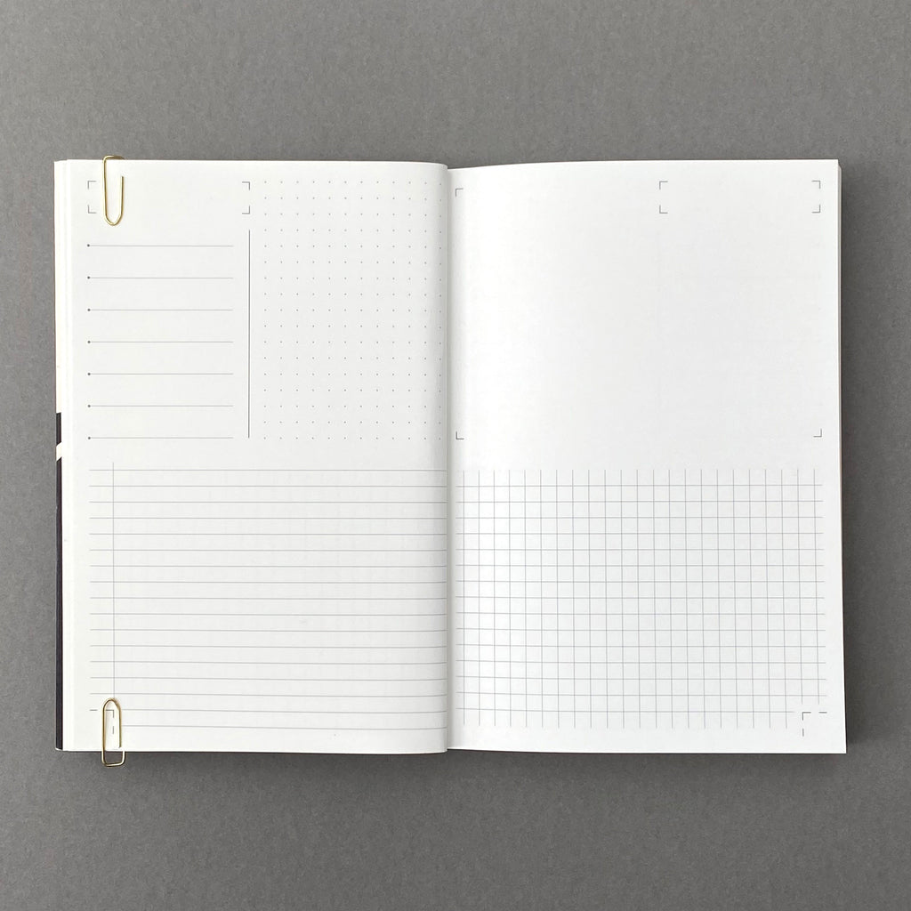 Etch Notebook open showing lined, dot grid, blank and square grid page layouts